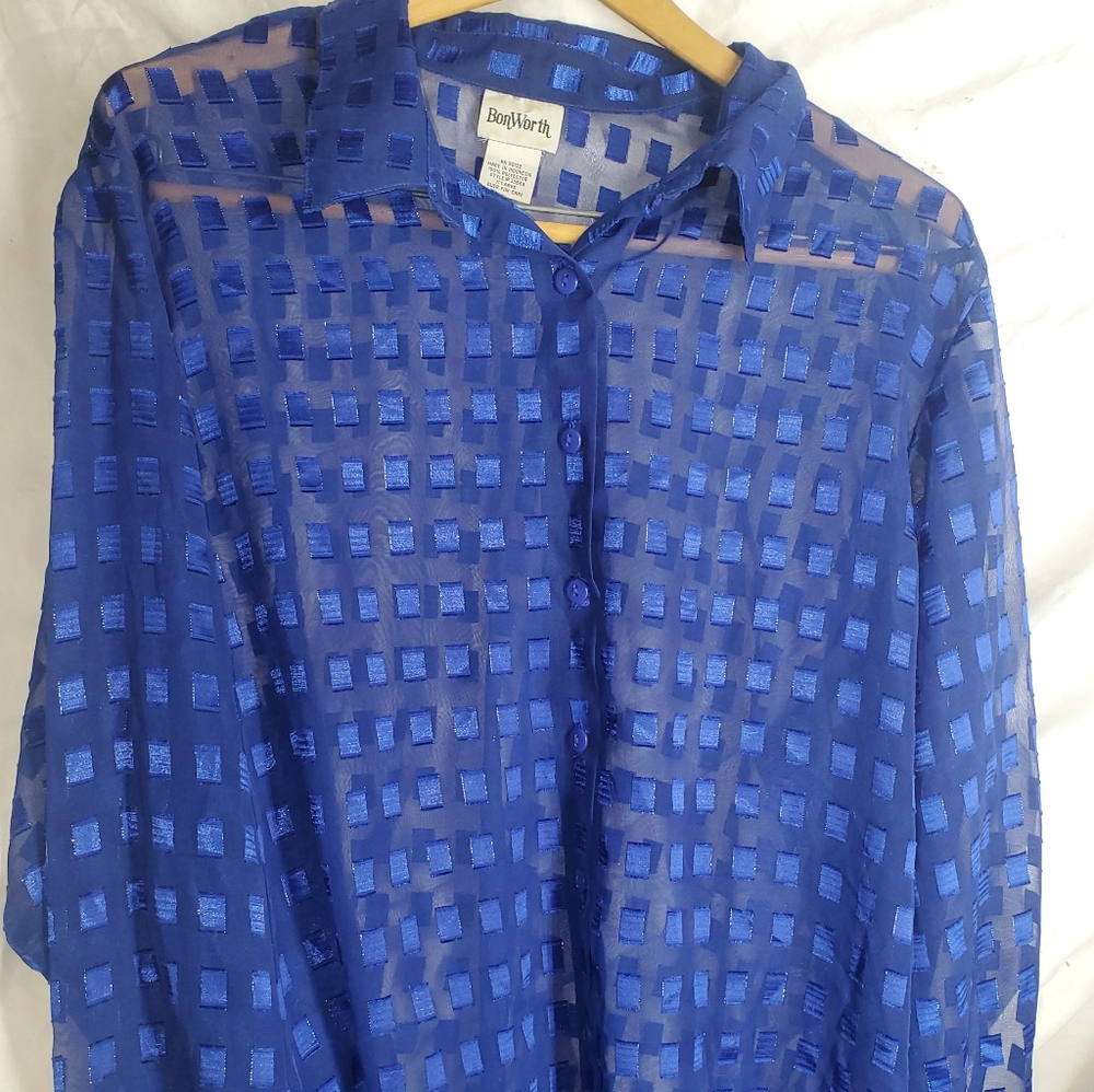 Vintage Blue Sheer Dress Over Shirt Blue Squares Pattern. Long Sleeved Size XL